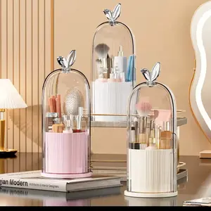 360° Rotating Makeup Brush Holder Organizer Dustproof & Waterproof Cosmetic Storage Box with Clear Lid for Brushes Lipsticks & Skincare