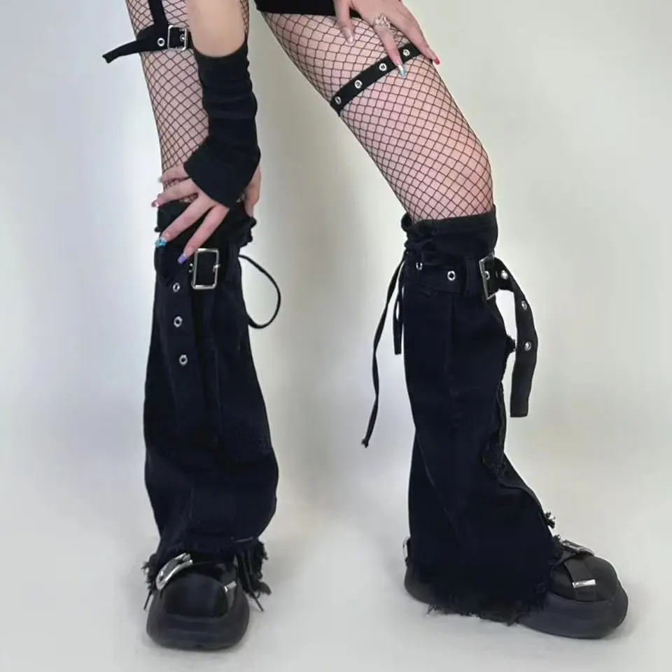 Summer New Gothic Subculture Black Denim Cross Leg Warmers For Women PunkStyle Drawstring Tie-Up Mid Calf Micro Flared Stackable Socks