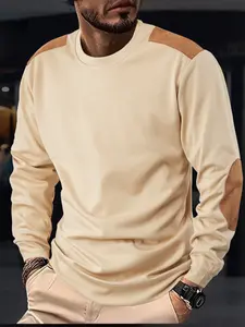 Men's casual waffle knitted long-sleeved T-shirt hoodie, contrasting color patchwork and patches, round-neck pullover, suitable for outdoor activities and daily wear, all year round, a must-have item in men's wardrobes