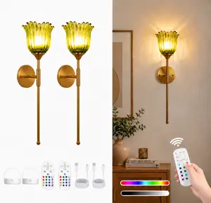 2-Pack Wireless Easy to Install Wall Sconces with Green Glass Shade Battery-Powered, Hardwired Indoor Wall Light Fixtures, Rechargeable RGB Magnetic Bulbs with Remote Control, 3 Temperatures for Living Room, Bedroom, Hallway, Dining Room