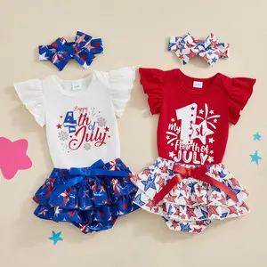 My First 4th of July Baby Girl Outfit Flying Sleeve Letters Print Romper Stars Print Shorts Headband Set Fourth of July Baby Gril for Independence Day Clothes