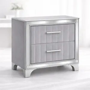 ARCH Contemporary Acrylic Nightstand with Two Drawers, Upholstered Bedside Table Featuring Silver Metal Legs, Modern End Table for Bedroom or Living Space (22.64" W x 15.75" D x 24.13" H)