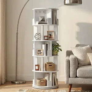 HOOBRO 5-Tier Rotating Bookshelf Tower with Hooks, 360° Spinning Bookcase, Compact Floor Standing Display Shelf for Living Room, Bedroom, Home Office, White