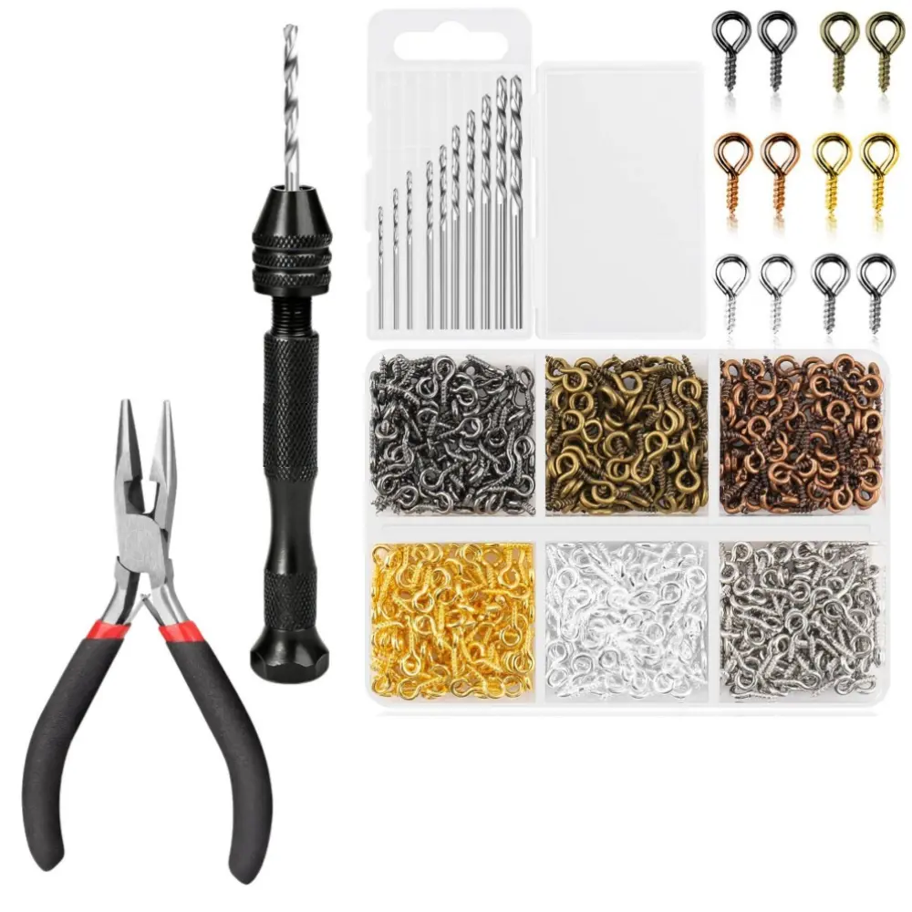 Unscented Hand Drill Set for Resin DIY Crafts - Crafting Aid with Stainless Steel Pin Vise, 10 Precision Bits, 600 Multi-Color Eye Hooks, and Toothless Pliers