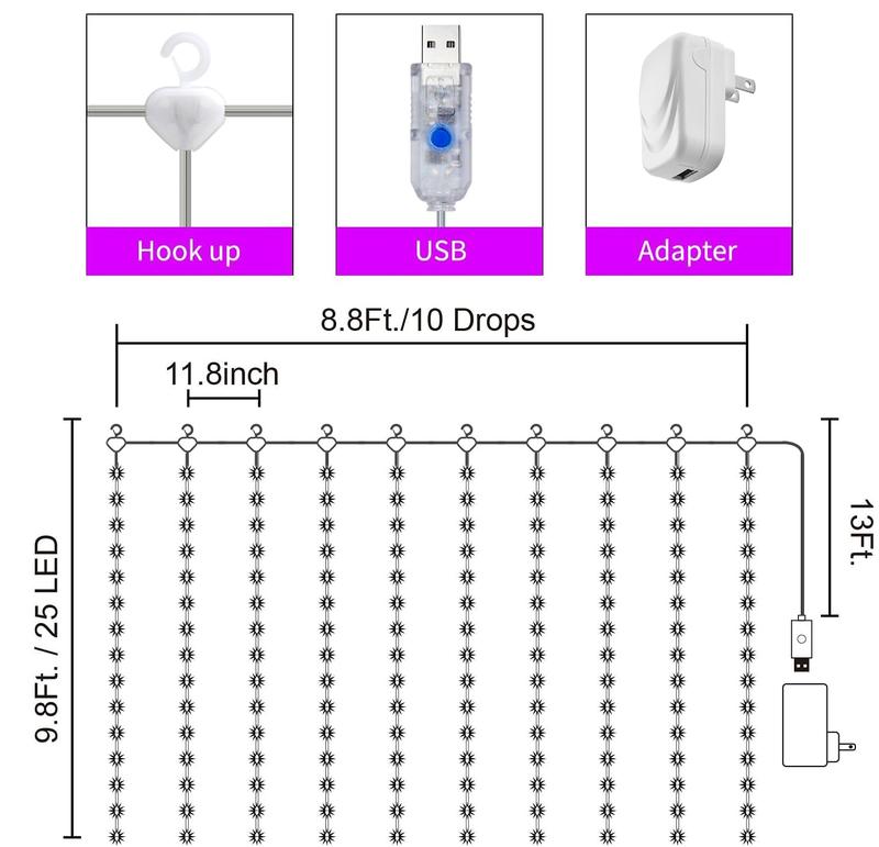 Brightown 16 brilliant colors and 3 colored lights - 250 LEDs 9.8 X 8.8 feet fairy light string, 7 modes flashing lights with remote control, background wall hanging drip lights for bedroom backyard Halloween Christmas decoration Lighting