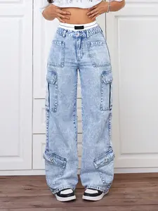 Women's Washed Denim Cargo Jean Pants - Casual & Comfortable Everyday Womenswear