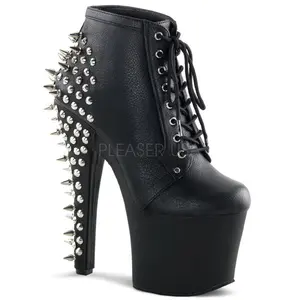 Women's Platform Ankle Boots, Matte Black Lace-Up Heels Featuring a 7-Inch Heel with Spike and Stone Details, Platform Heels, Footwear