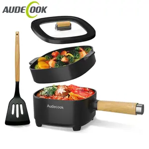 Audecook Hot Pot Electric 2L, Cermic Glaze Non-Stick Frying Pan 8 Inch, Portable Travel Cooker for Ramen/Steak/Fried Rice/Oatmeal/Soup, with Dual Power Control (Silicone Spatula Included)