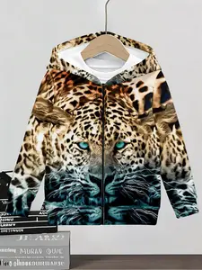 Plus size men's zipper style, hooded style, fashion style, trendy style, printed style, hooded sweatshirt Leopard Face With Intense Blue Eyes And Detailed Spots On A Hoodie Background Featuring Water Reflections And Natural Colors Creating A Striking