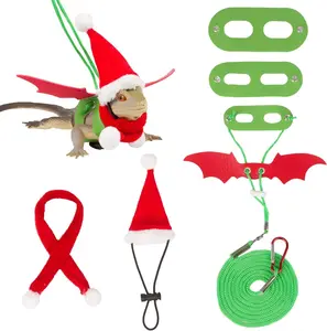 Christmas Bearded Dragon Santa Hat Scarf Lizard Leash Harness Set - Lizard Xmas Costume Scarf and Hat + 3 Pack Bearded Dragon Harness Leash for Reptile