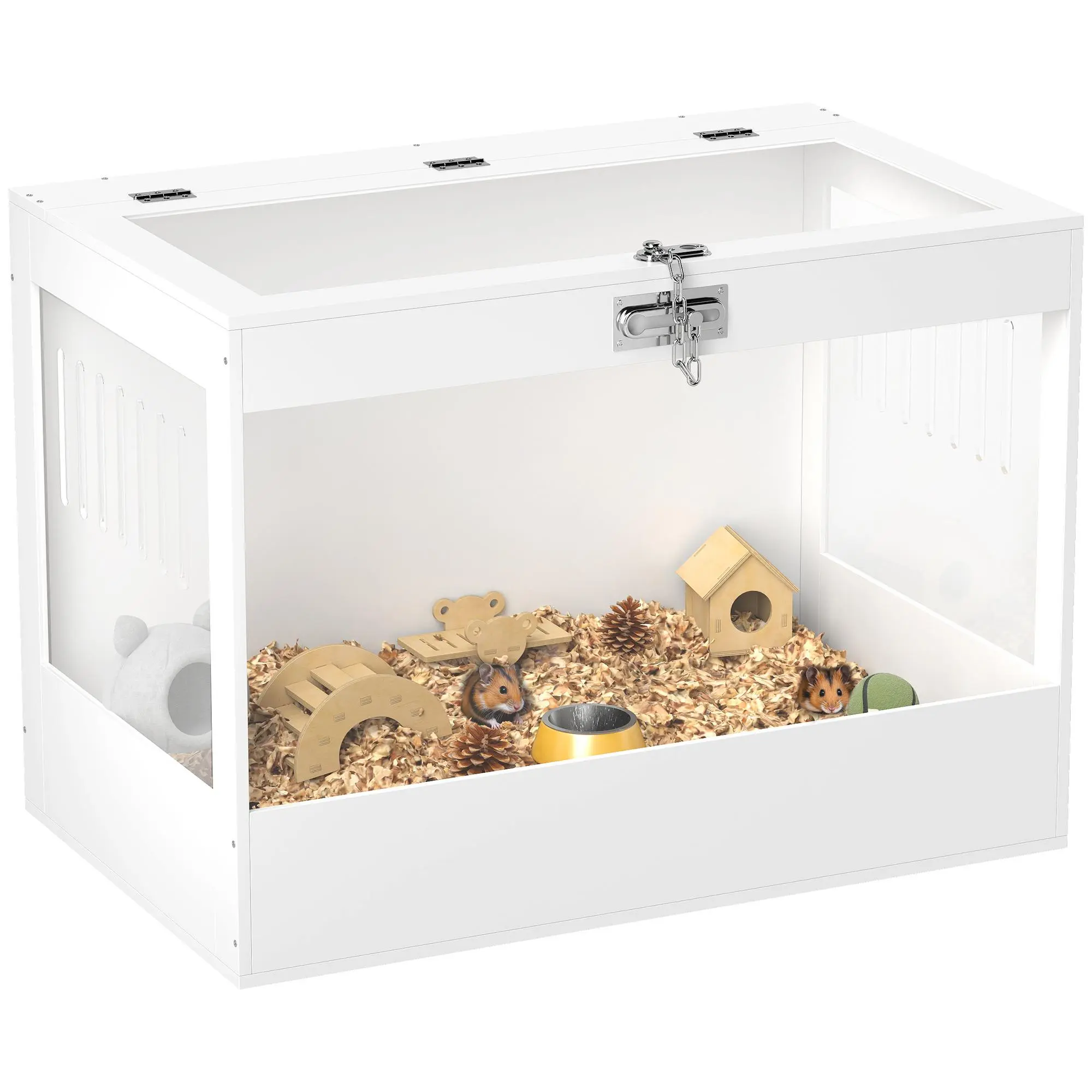 PawHut Hamster Cage with Openable Top & Lock, Transparent Acrylic Panels Small Animal Habitat with Hut, Seesaw, Ladder, for Dwarf Hamster Gerbil, 31.5" x 20" x 23", White