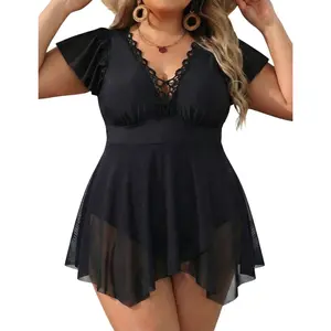 CiCiBird Tummy Control Slimming Women's Plus Size Swimsuit Lace V Neck Flutter Sleeve Swim Dress Irregular Skirt Modest Bathing Suit Elegant Stretchy Beachwear