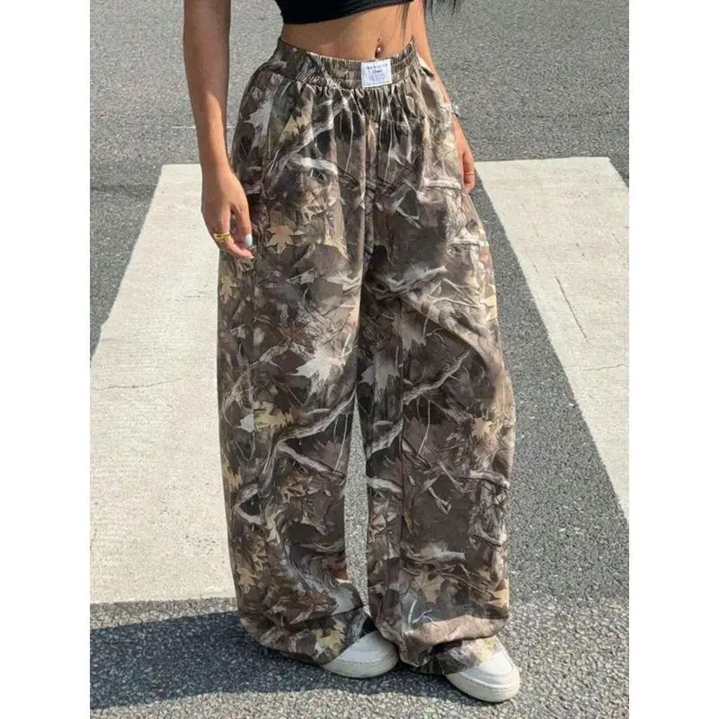 Women's High-Waisted Wide-Leg Camo Cargo Joggers with Withered Branches Maple Leaf Print, Drawstring, Polyester Knitted Crochet Bottom Trouser, Fit, Nursing