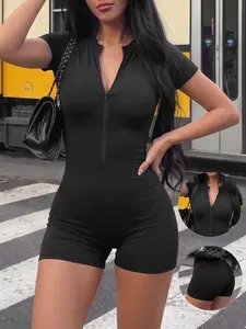 Women's Jumpsuit, Summer Black Short Zip-up Yoga Bodysuit, Casual Hollow-out Slim Fit Fitness Jumpsuit, Workout Jumpsuit, Sporty Jumpsuit, Suitable for Everyday Wear and Sports Activities
