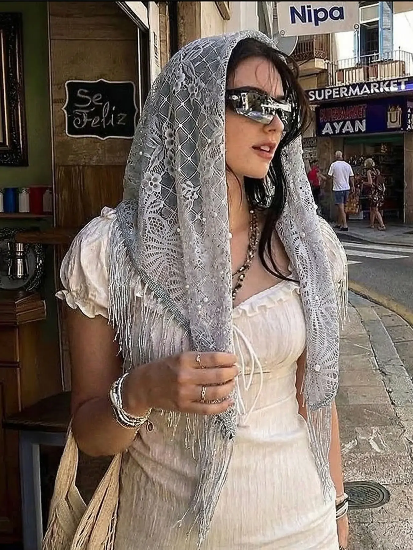 Boho Style Lace Triangle Scarf, Women's Summer Lightweight Breathable Fashion Elegant Sun Protection Headscarf, Daily Versatile Accessory, Boho Shawl