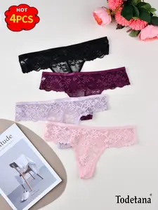 Todetana Women's 4 Pieces Low Waist Lace Thong Panties, Sexy Fitted Design, Moderate Fabric Thickness, All Seasons Wear, Perfect Gift for Halloween & Christmas