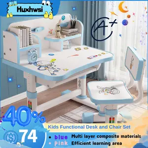Kids' Height-Adjustable Ergonomic School Study Desk and Chair Set - Cute Look, Easy Adjustment, Large-Size Writing Board, Cartoon Print, Steel Frame, Bookshelf, Book Bucket (Pink, Blue)
