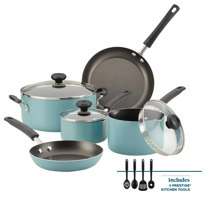 Farberware Easy Clean 12 Pcs Nonstick Cookware Set with Cooking Tools, Dishwasher Safe, Aqua
