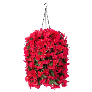 Artificial Bougainvillea Faux Flowers Plants Baskets for Outdoor Outside Decoration, 3PCS Fake Silk Flowers Long Trailing Vines UV Resistant Realistic for Front Door Porch Patio (Red)