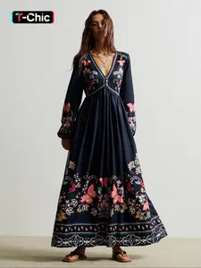 Women's Bohemian Elegant Floral Print V Neck Long Sleeve Dress, Loose Fit Woven Fabric, Perfect for Fall & Winter Holidays