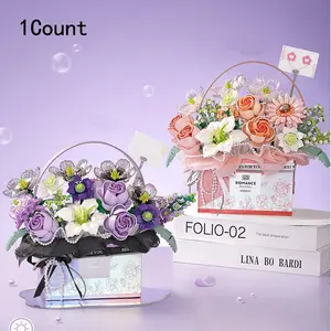 Rose Bouquet Vibrant Faux Flowers Building Block Toy with LED Light, 1 Box DIY Desktop Decoration Handicraft Set, Educational Assembly Toy Suitable for Children