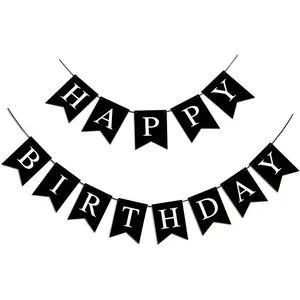 Happy Birthday Banner, Black Birthday Decorations Sign for Party Backdrop, Hanging Supplies for Boys and Women
