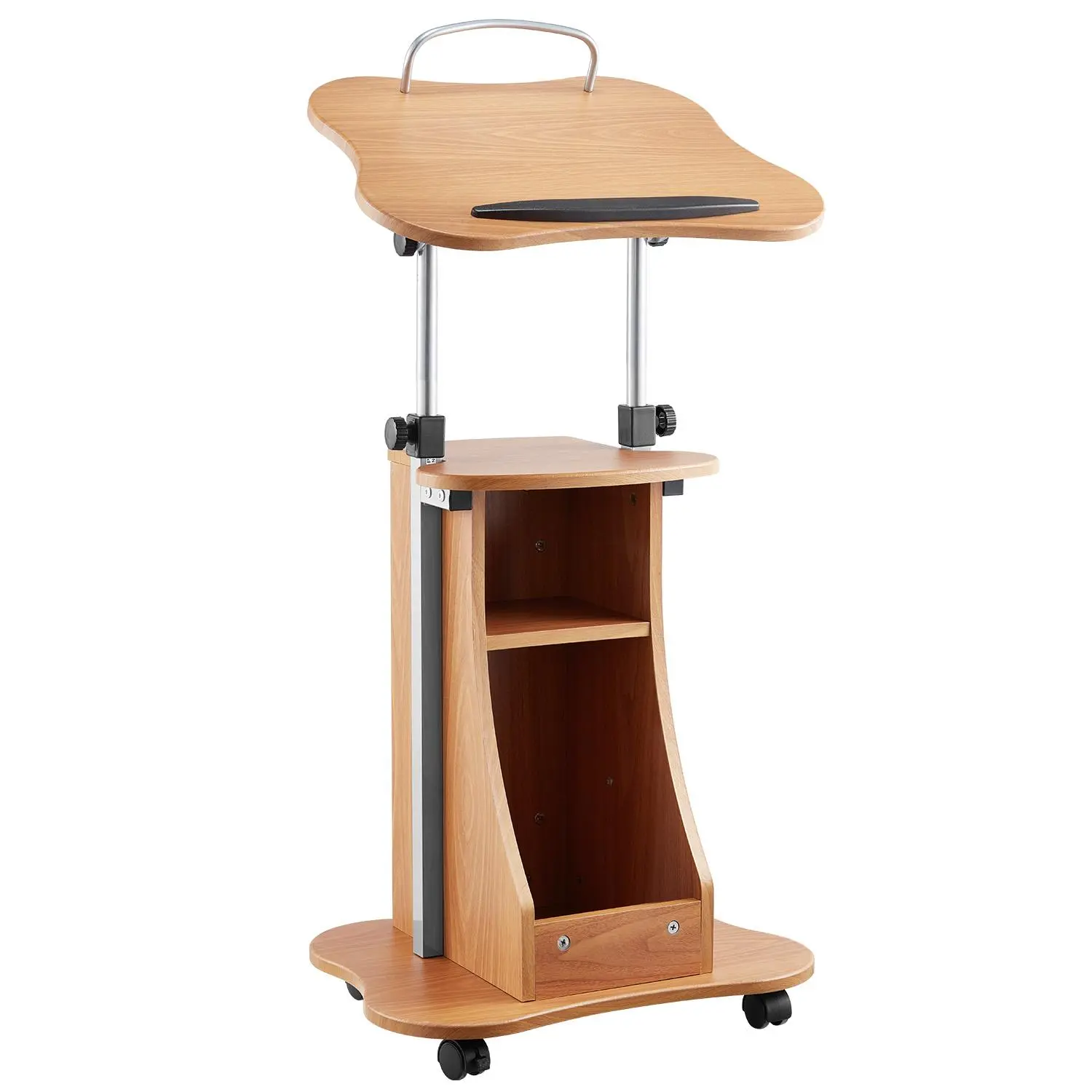 【DealsForYouDays】VEVOR Wooden Classroom Podium Stand for Teachers, 43-in Lectern with Dual Grips, 4 Lockable Wheels, 20.59 x 15.75 in Wide Reading Surface, Open Storage, Adjustable Height-Angle, Easy-Setup Portable Laptop Desk for Speeches, Rolling Adjust