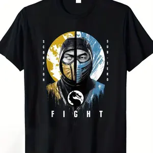 Men'S Scorpion Vs Sub-Zero Graphic T-Shirt - Black Tee with Scorpion And Sub-Zero Face Design, "FIGHT" Text, Lightweight Summer Shirt for Gaming, Plus Size