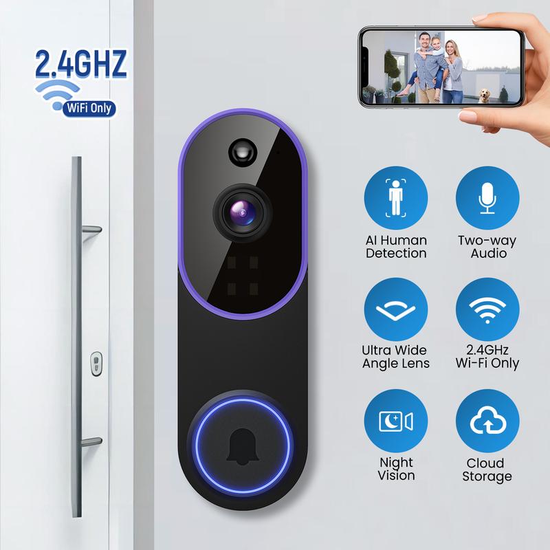 1080P Wireless Video Doorbell Camera, Smart AI Human Detection, FHD Live View, Cloud Storage, Night Vision, Two Way Audio, Instant Alert, 2.4G WiFi Only, Indoor/Outdoor Surveillance Cam for Home Security System