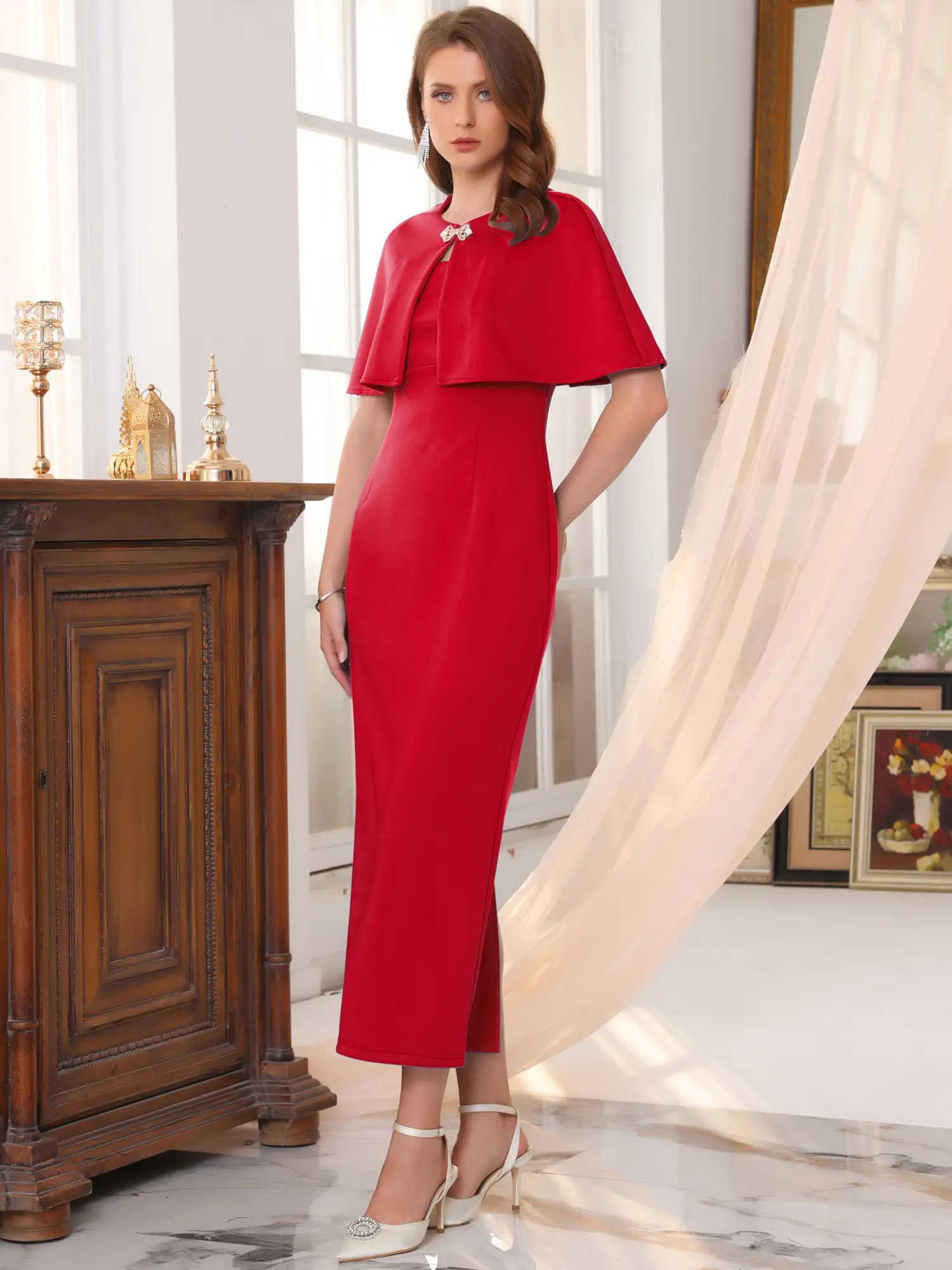 INSPIRE CHIC Women's 2 Piece Formal Suit Sets Elegant Cocktail Wedding Guest Sheath Dress with Cape