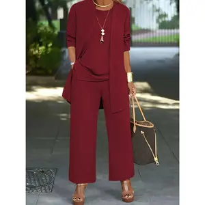 Plus Size Casual Solid Color Three-piece Set, Open Front Top & Crew Neck Tank Top & Pants Outfits, Women's Plus Size Clothing