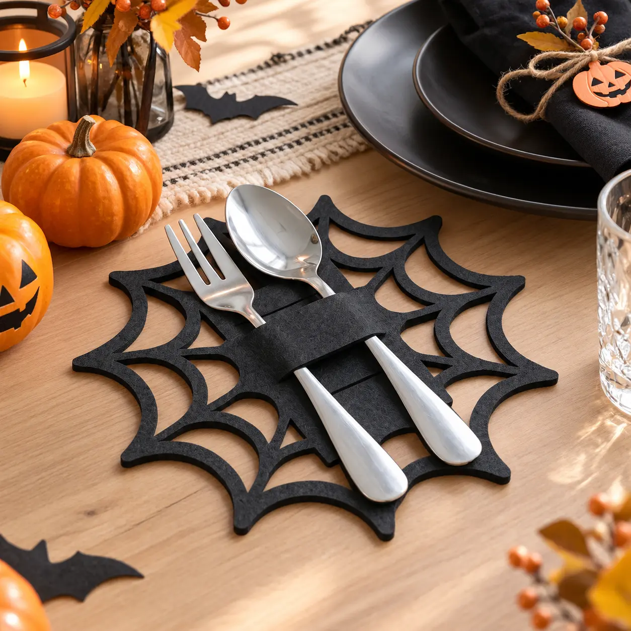 Halloween Spider Web Bat Cutlery Holder, Black Felt Knife & Fork Sleeve, Reusable Table Decor for Halloween Dinner, Party & Seasonal Gatherings