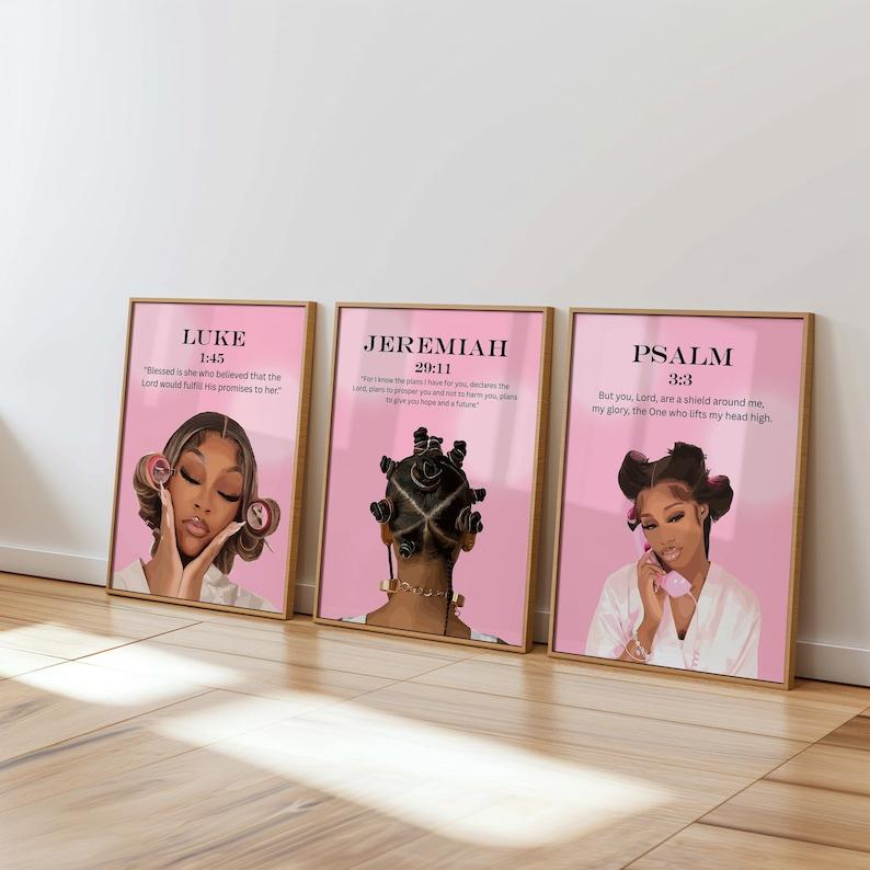Set of 3 Pink Bible Verse Print; Christian Black Girl Wall Art #677899