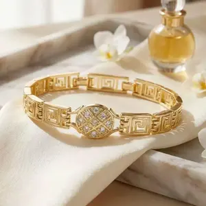 14K Gold Plated Greek Key CZ Bangle Bracelet for Women Vintage Geometric Pattern Link Elegant Luxury Jewelry Daily Wear Perfect Birthday Gift for Her