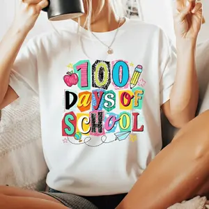 100 Days of School T-Shirt for Teachers Kids, Cute Colorful Coquette School Graphic Tee, Unisex Soft Cotton Shirt, Classroom Celebration Outfit, 100th Day of School Gift for Teacher Students