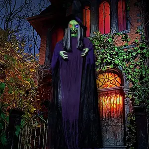12ft Giant Hanging Witch Halloween Decor, Sound & Motion Activated Animatronic Witch with Glowing LED Eyes, Scary Talking Witch Prop for Yard Haunted House Party Decor, Battery Operated (Batteries Not Included)