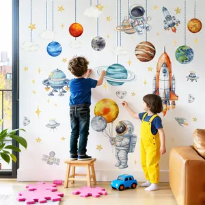 3Pcs/Set (3090cm3pcs) Cartoon Space Rocket UFO Wall Stickers, Wall Decor for Kids & Boys Room, Space Theme Decals