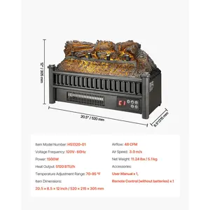 VEVOR Electric Fireplace Log, 20 inch Fireplace Insert Log Heater, with Remote Controller, 5 Adjustable Flame Brightness, 24H Timer, Overheat Protection, Thermostat, for Home and Office Decor Black