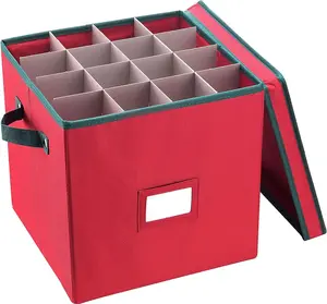 Christmas Box with Adjustable Dividers and Lid Ornaments Storage, Red