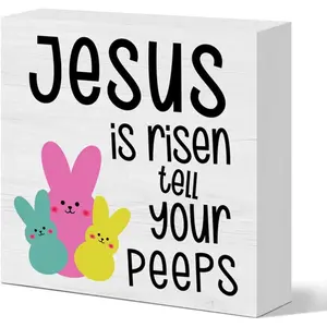 Funny Easter Bunny Decorations Desk Decor Jesus is Risen Tell Your Peeps Wooden Box Sign Religious Easter Jesus Decorations for Home Farmhouse Kitchen Bathroom Shelf Table Decor 5 X 5 Inches