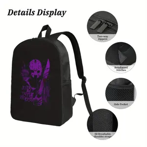 1pc Jason Men's Horror Movie Jason Voorhees Graphic Backpack - Large Capacity Laptop Bag with Adjustable Padded Shoulder Straps, Compatible with 15" Notebook - Heavy-Duty Zipper Closure for School, Travel, Camping - Ideal for Friday the 13th Fans, Daily