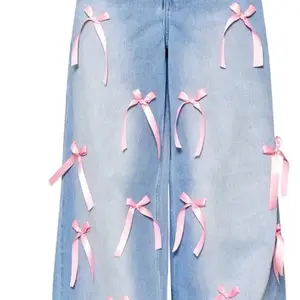 Women's Beautiful Pink Bow Denim Jeans with Adorable Ribbon Detailing on Legs