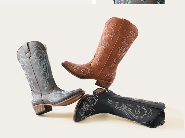 DREAM PAIRS Women's Cowboy Boots Mid Calf Cowgirl Boots Square Toe Chunky Heel Embroidery Stitched Western Boots