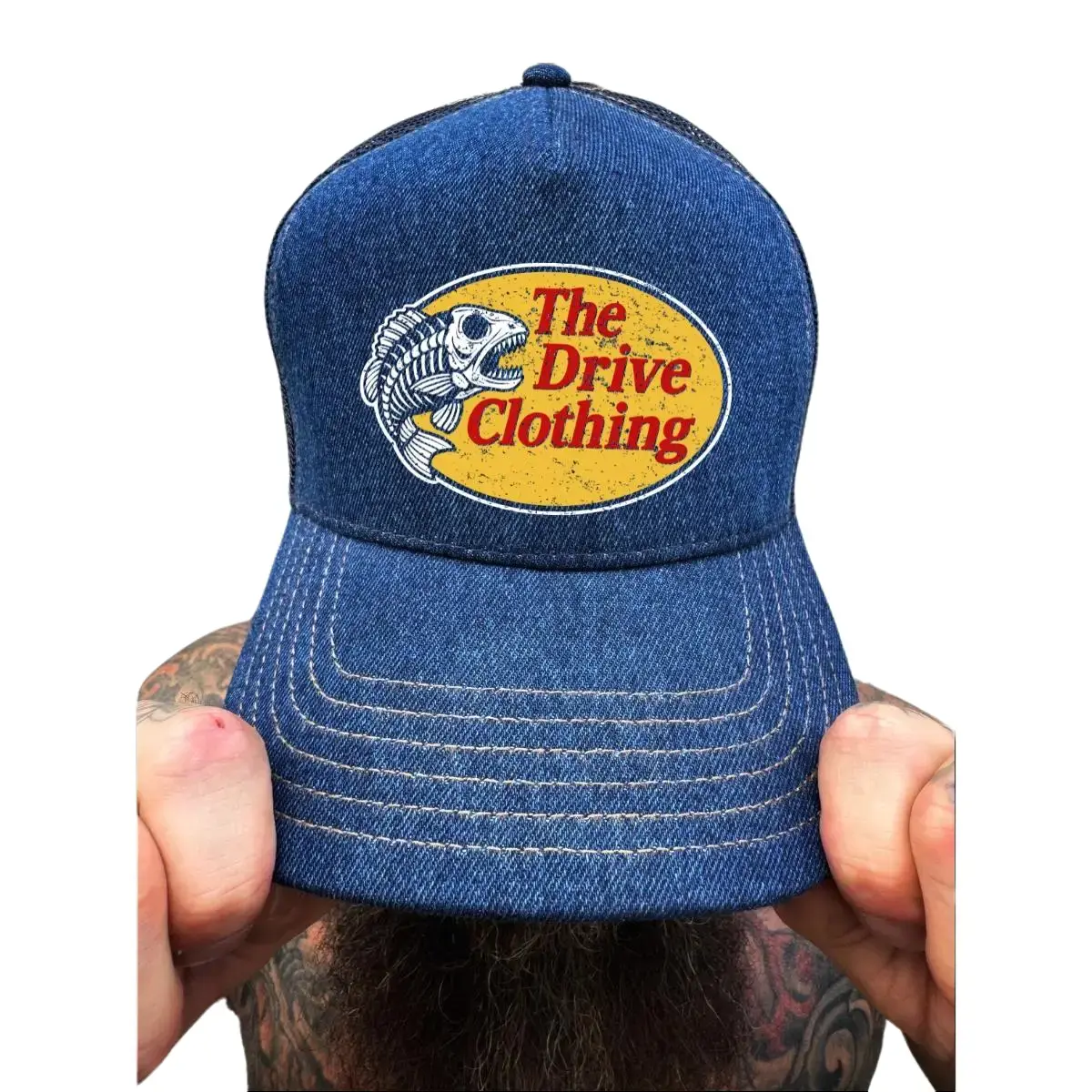 TheDriveClothing TDC Pro Denim Curved Bill Hat – Premium Blue Denim Trucker Hat with Custom Print, Adjustable Snapback, and Mesh Back