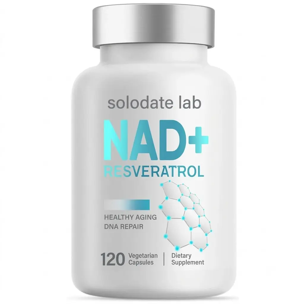 Solodate Lab NAD+ & Resveratrol Cellular Vitality Antioxidant Supplement - Doctor-Formulated Healthy Aging Support - 120 Vegetarian Capsules - No Excessive Fillers, Soothing Strong Support - Dietary Supplement Bottle