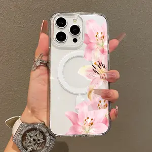 Soft Girl Magnetic Case for iPhone11/12/13/14/15/16/17/promax, Pink Lily Border Lightweight, Drop-Proof, MagSafe Compatible | Perfect for Teen Girls