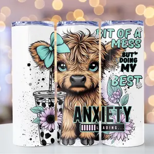 A Bit Of A Mess Anxiety Highland Cow Tumbler Bottle Drinkware 20oz Reusable Washable Portable Cup with Sliding Lid & Straw