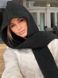 Fashionable Three-In-One Knit Beanie Fitted Scarf Shawl Set, Versatile Baracuta Hat, Warm Hooded Scarf, Casual All-Season Wear
