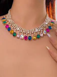 Shiny Square Geometric Colorful Crystal Rhinestone Statement Necklace for Women, Party Evening Wear, Casual Style, All Seasons, Decorative Necklace, Elegant Rhinestone Necklace