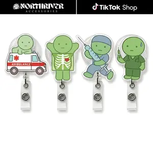 [45 OPTIONS] Cute Green Smiski Badge Reel Retractable Set Kawaii Smiskii Nurse Doctor Dentist Chef Police Acrylic ID Card Holder For Hospital School Uniform Gift